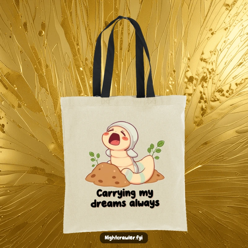 Funny Earthworm Pajama Tote Bag: Cute sleepy worm in pajamas peeking from soil with a yawn, a funny accessory.