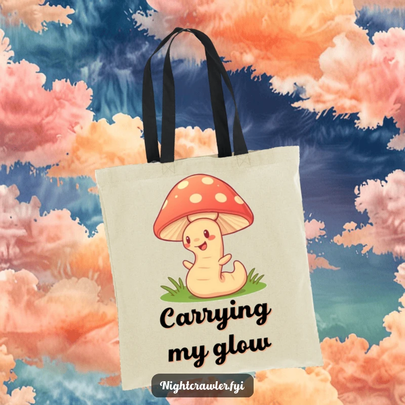 Funny Tote Bag: Cute earthworm character wiggling under a glowing mushroom, perfect for carrying daily items with whimsical flair.