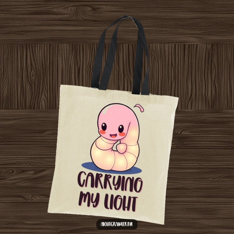 Funny tote bag featuring a glowing worm character playfully wiggling its body in the dark, carrying light and joy.