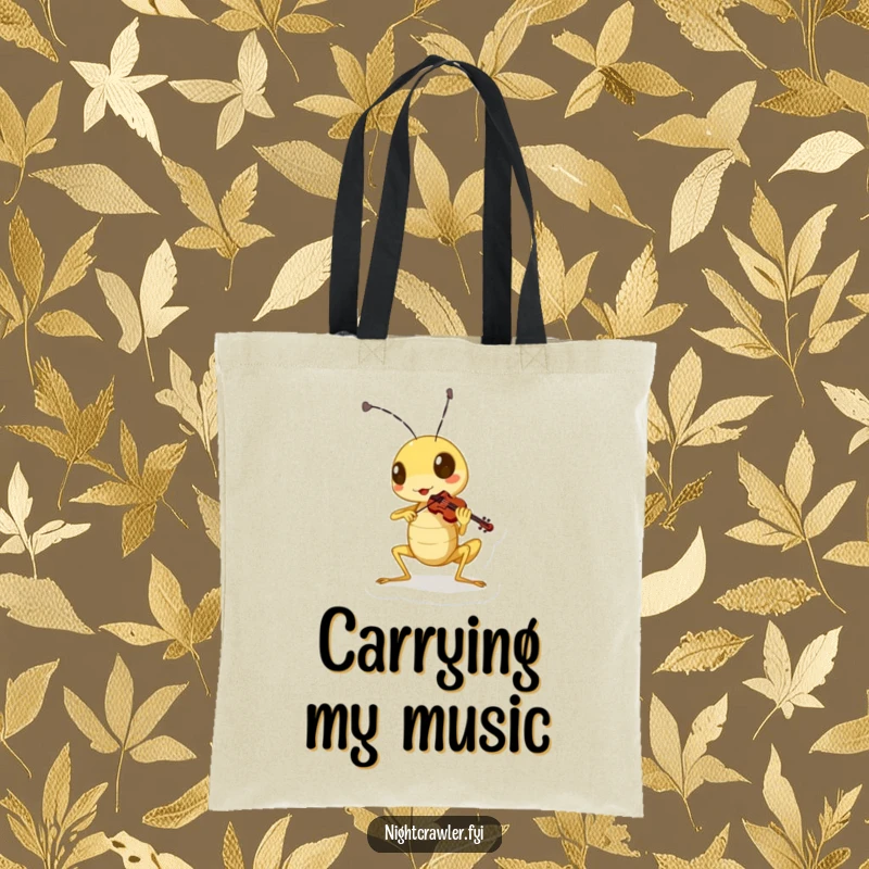Funny cricket tote bag with a character playing a miniature violin with great gusto, perfect for music lovers.