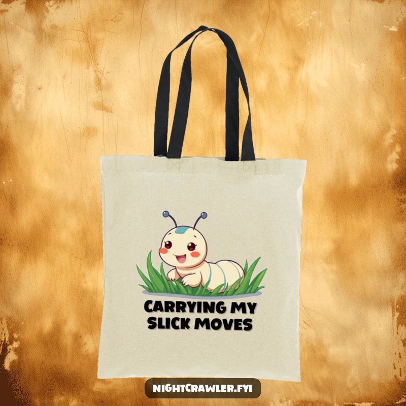 Funny tote bag with a cheerful night crawler sliding down a dewy blade of grass, perfect for carrying essentials playfully.