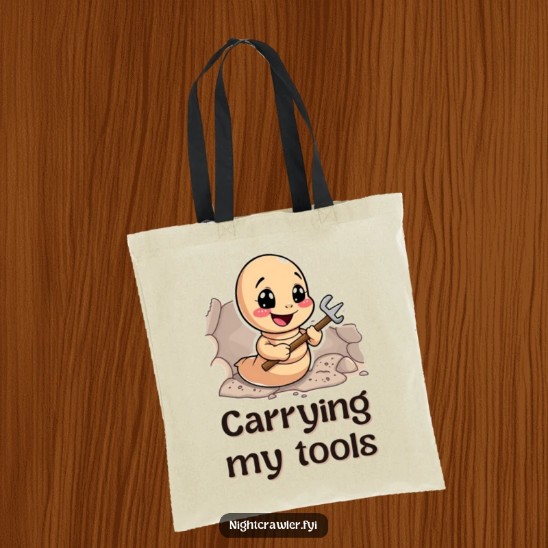 Funny Earthworm Digger Tote Bag: Happy worm digging a tunnel with tiny tools, a funny and functional accessory.
