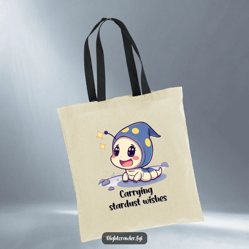 Funny tote bag with a night crawler character displaying exaggerated surprise at a shooting star, perfect for carrying wishes.