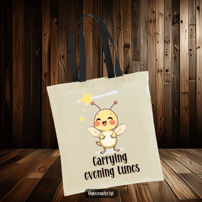 Funny tote bag illustrating a cheerful cricket happily chirping beneath a starry night sky, symbolizing summer joy.