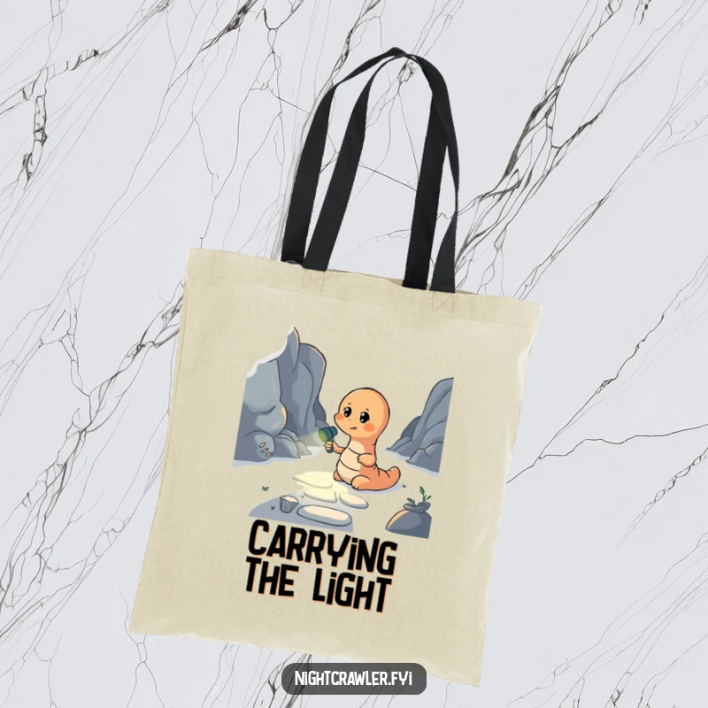 Funny tote bag with an earthworm holding a flashlight to illuminate a dark path, ideal for everyday use and spreading hope.