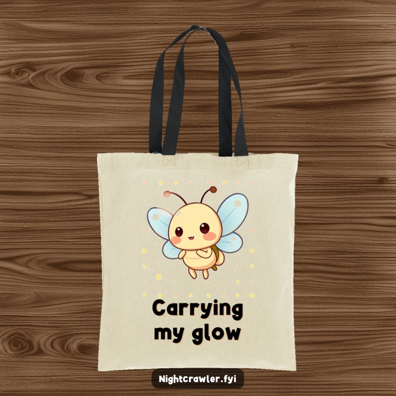 Funny Tote Bag: Playful firefly character blinking its light in a cheerful pattern, perfect for carrying items with fun.