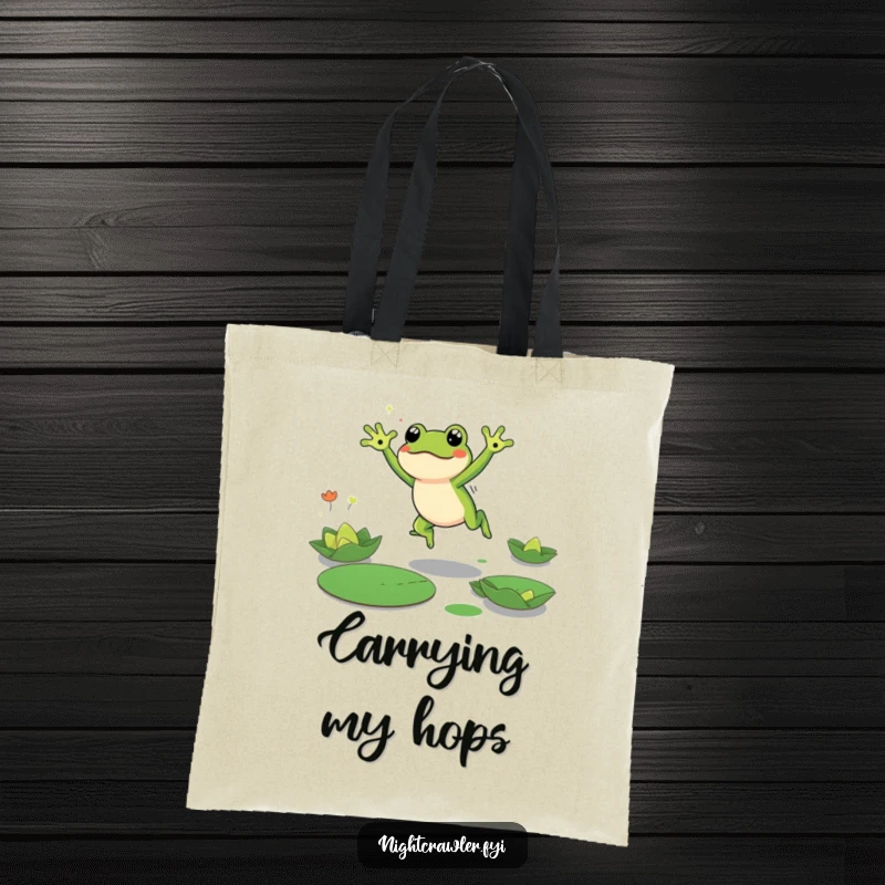 Funny Frog Tote Bag with a cute frog character energetically leaping between lily pads in the dark, a humorous and practical accessory.