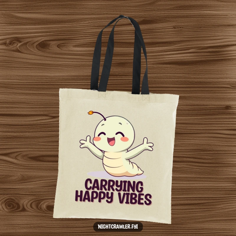 Funny tote bag depicting a happy night crawler with arms outstretched, feeling the gentle breeze, perfect for carrying essentials happily.