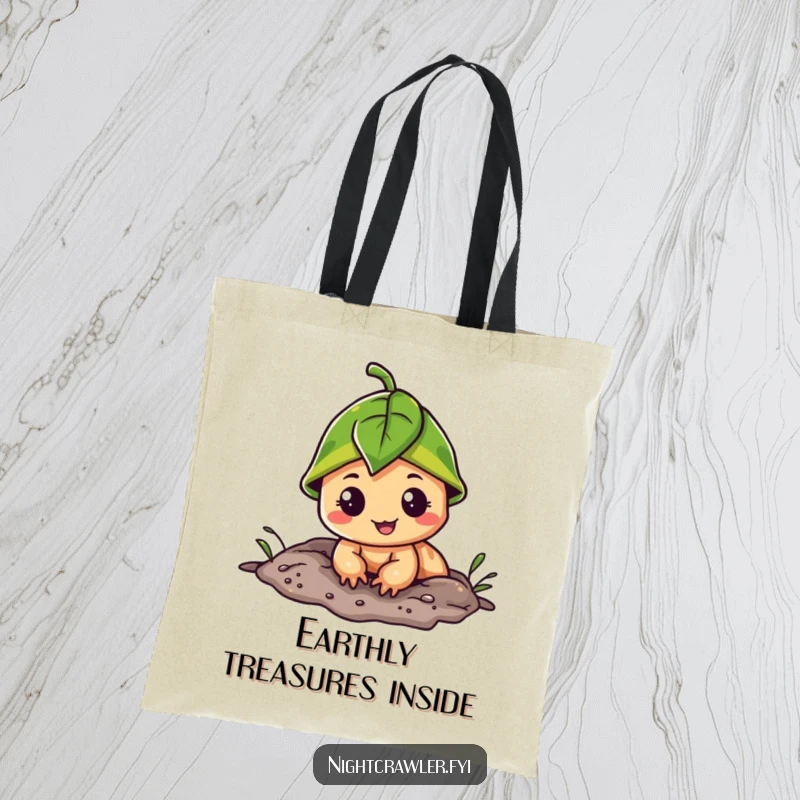 Funny tote bag with a cheerful night crawler wearing a leaf cap, peeking from its burrow, ready to explore with a happy face.