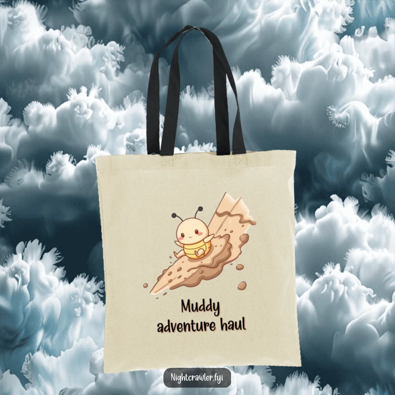 Funny tote bag showing a cute buggy character gleefully sliding down a muddy slope, perfect for carrying essentials with humor.