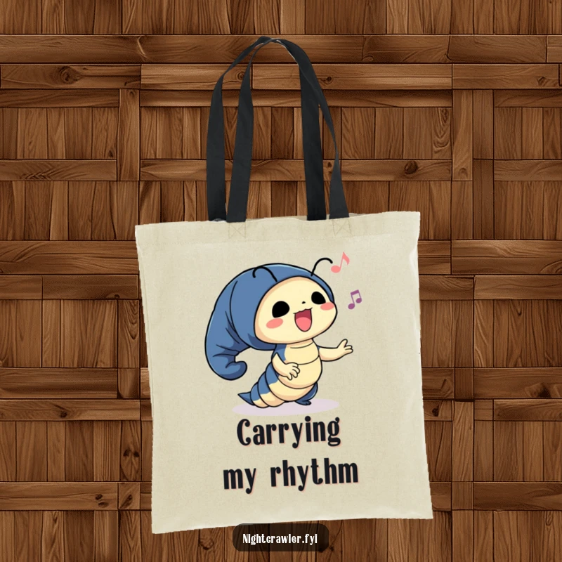 Funny tote bag with a cute night crawler character happily swaying to unseen music, perfect for carrying essentials with rhythm.