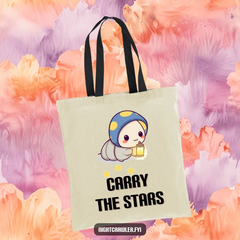 Funny tote bag design of a night crawler character holding a lantern and lighting a path of stars, perfect for those who lead the way.