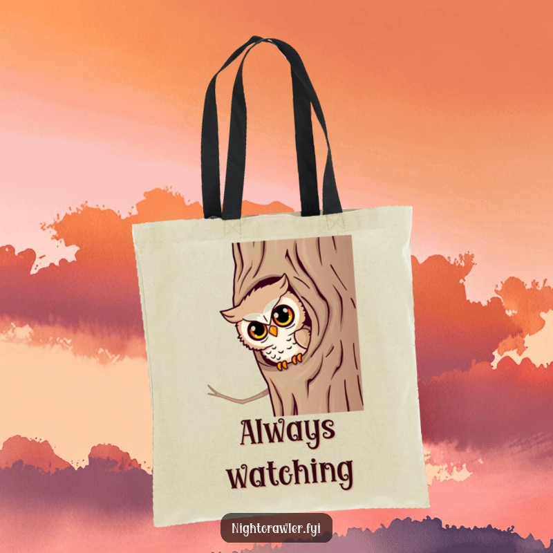 Funny Owl Lookout Tote Bag: A little owl character peeks from a tree hollow with bright eyes, a humorous and practical accessory.