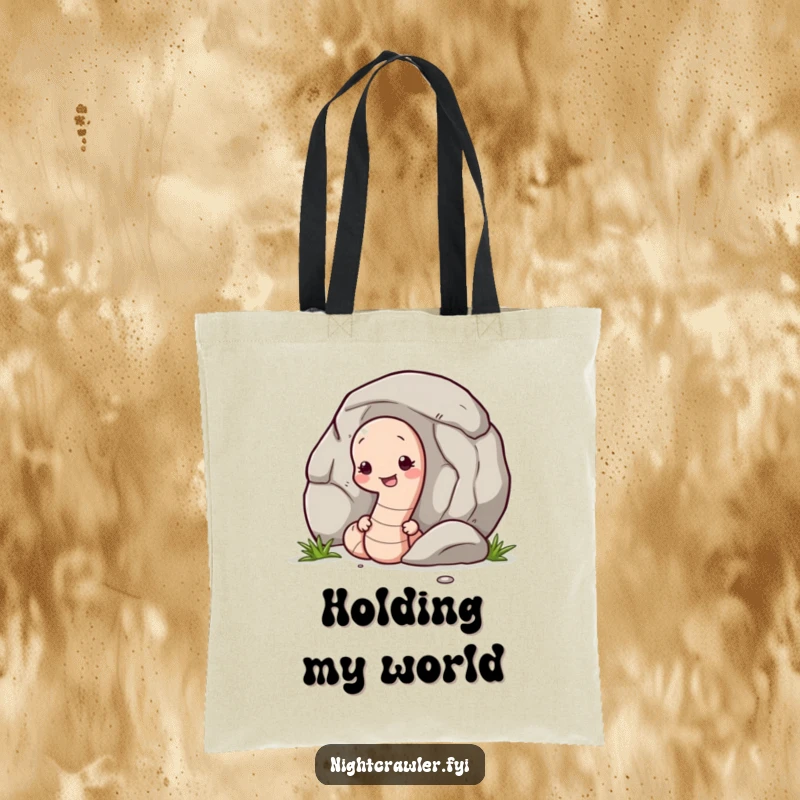 Funny tote bag featuring a shy earthworm peeking from behind a pebble, ideal for everyday use with a subtly humorous design.