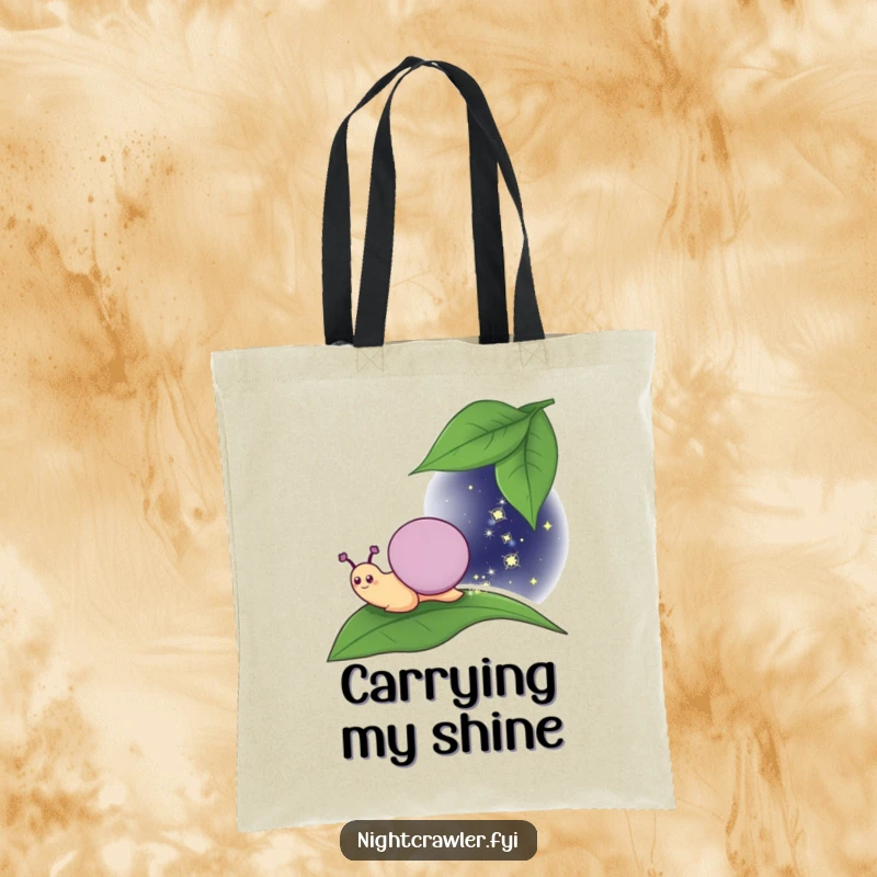 Funny Tote Bag: Smiling snail character leaving a sparkly trail across a leaf at night, perfect for carrying items with magic.