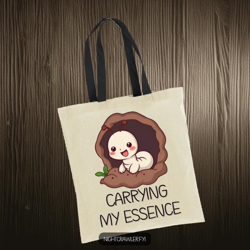 Funny tote bag showing a small worm character joyfully burrowing into soft, dark earth, great for everyday comfort.