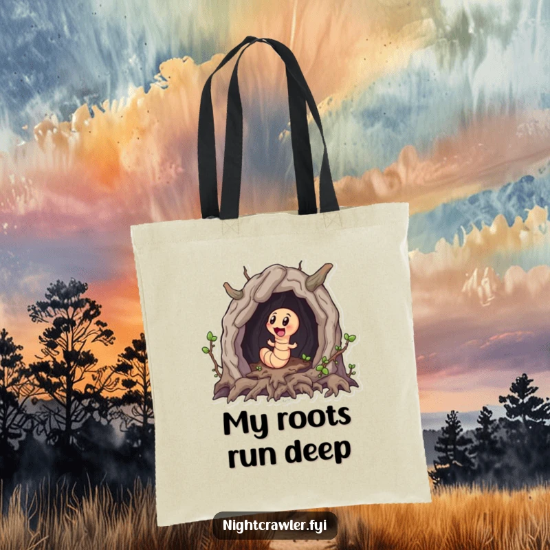 Funny tote bag with a little worm character excitedly exploring a miniature cave crafted from roots, great for everyday journeys.