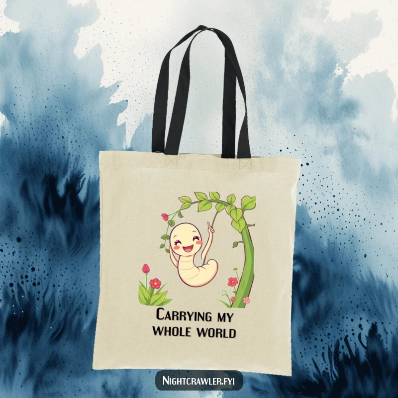 Funny tote bag featuring a delighted worm character mid-swing on a vine in a sunny garden, showcasing playful energy.