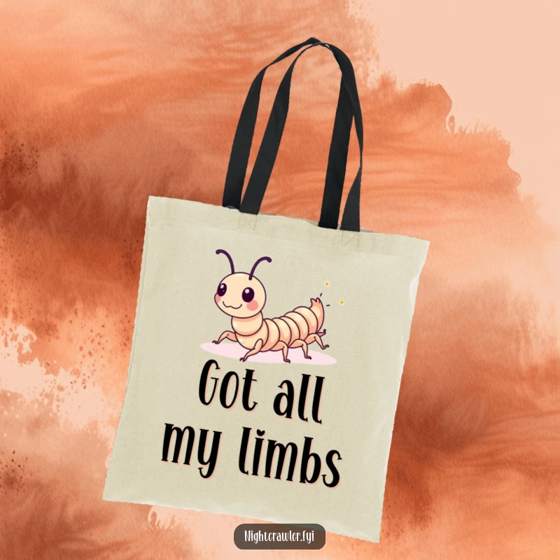 Funny Centipede Tote Bag: A playful centipede does a synchronized wiggle with glowing spots, a humorous and practical funny gift.