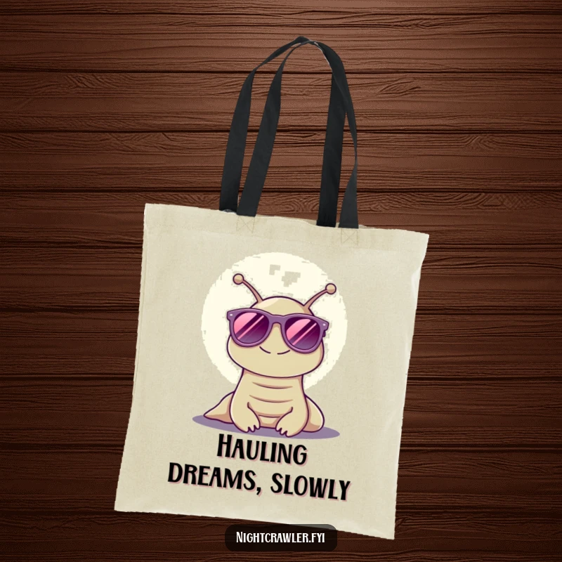 Funny tote bag featuring a smiling slug in sunglasses, basking in moonlit glow, a practical and humorous funny gift.