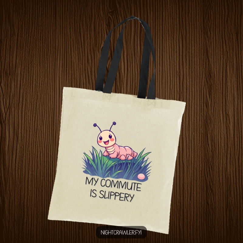 Funny tote bag featuring a joyful night crawler character sliding down a dewy blade of grass, symbolizing playful movement.