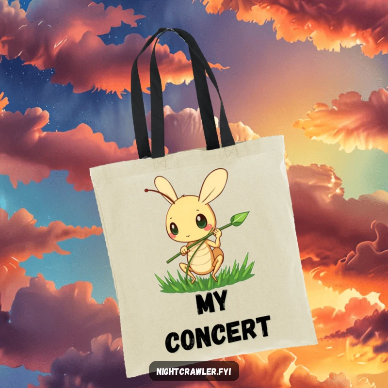 Funny Cricket Tunes Tote Bag: A cute cricket character happily strums a blade of grass, a humorous and practical accessory.