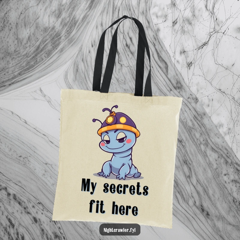 Funny night crawler tote bag showcasing a mischievous character with a glowing hat, ideal for shopping or daily use.