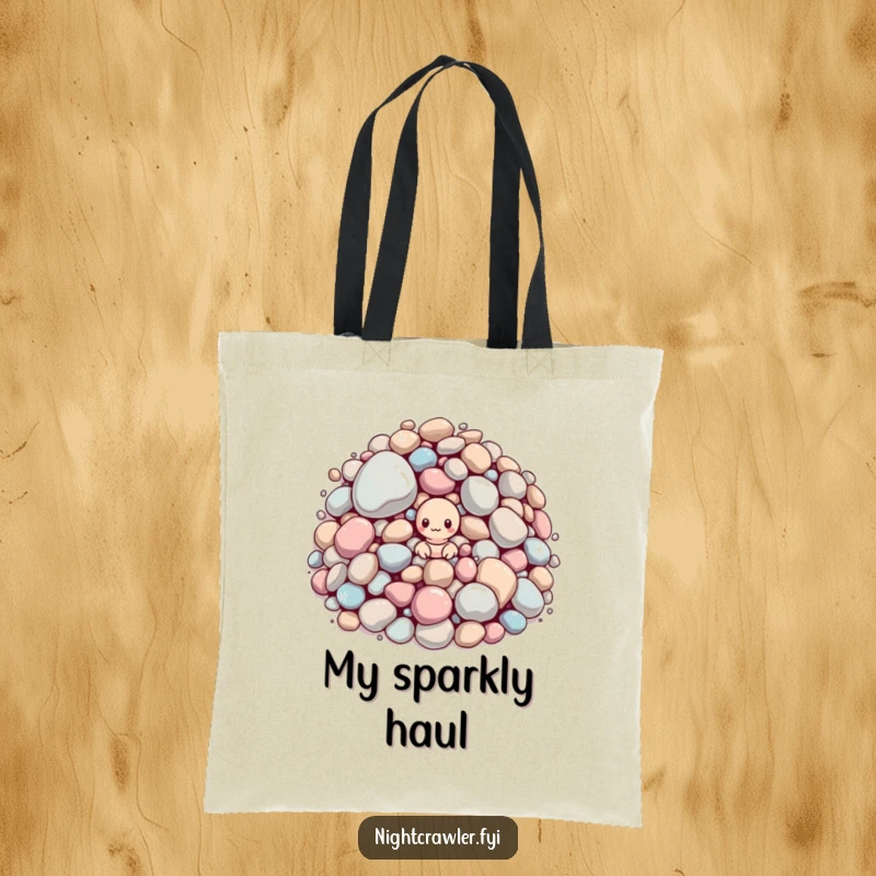 Funny tote bag: small worm peeking out of a pile of huge, sparkling pebbles. Humorous accessory.