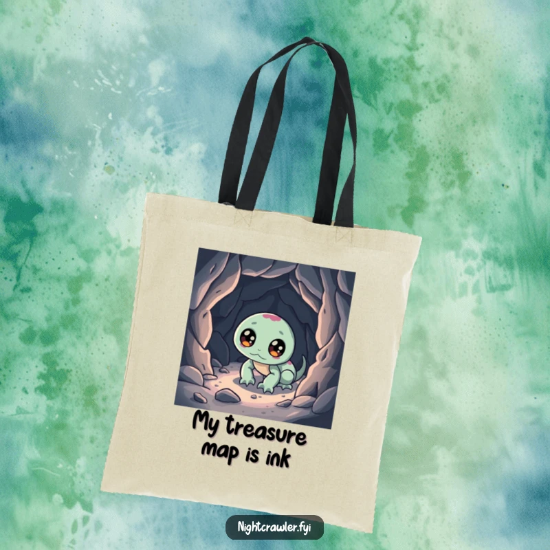 Funny tote bag with a night crawler character exploring a miniature cave, ideal for carrying everyday items with a humorous twist.